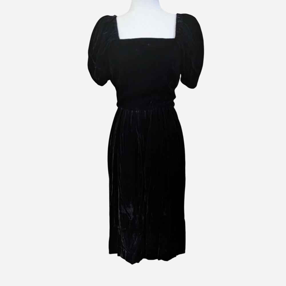 RARE Vintage 1960s Samuel Blue Crushed Black Velvet Puff Sleeve Dress